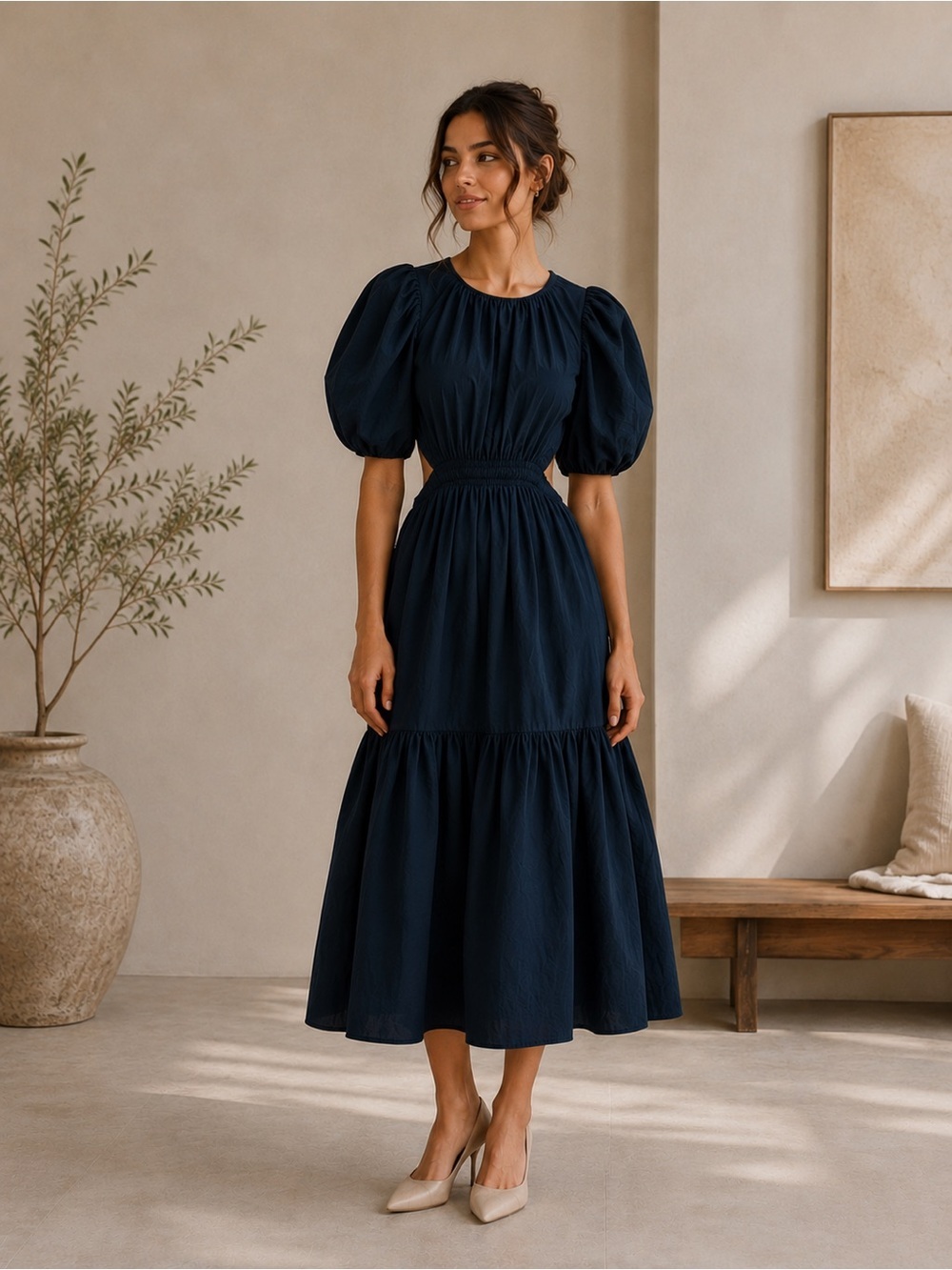 Ulla Johnson Navy Cotton Puff Sleeve Cutout Midi Dress Size 6 - Picture 1 of 9